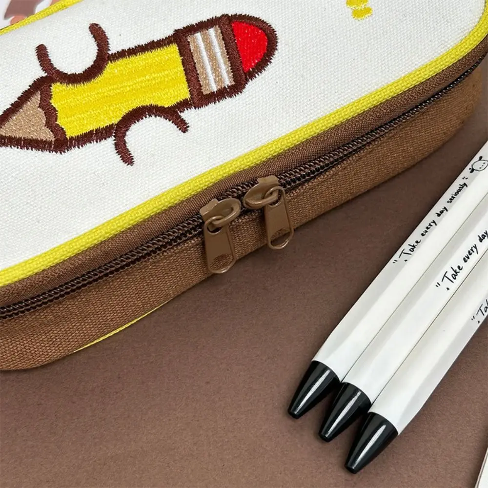 

Portable Smile Pencil Pattern Pen Bag Embroidery Large Capacity Stationery Bag Pen Box Students