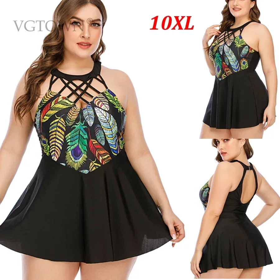 2025 New Plus Size 8XL 10XL Two Piece Swimsuit Women Super Flower Print Swimwear Black Tankini Skirt Beach Bathing Suit