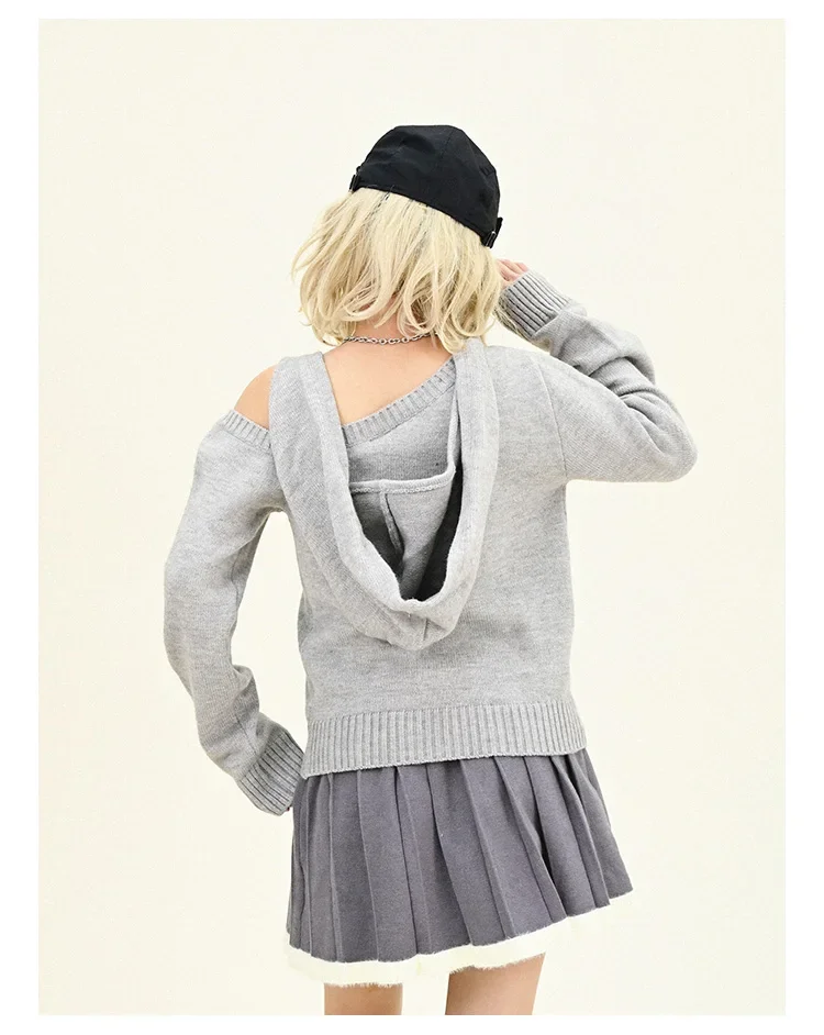 Fake Two-piece Off-the-shoulder Hooded Sweater Women's 2024 Winter New Loose Bf American High Street Knitted Top