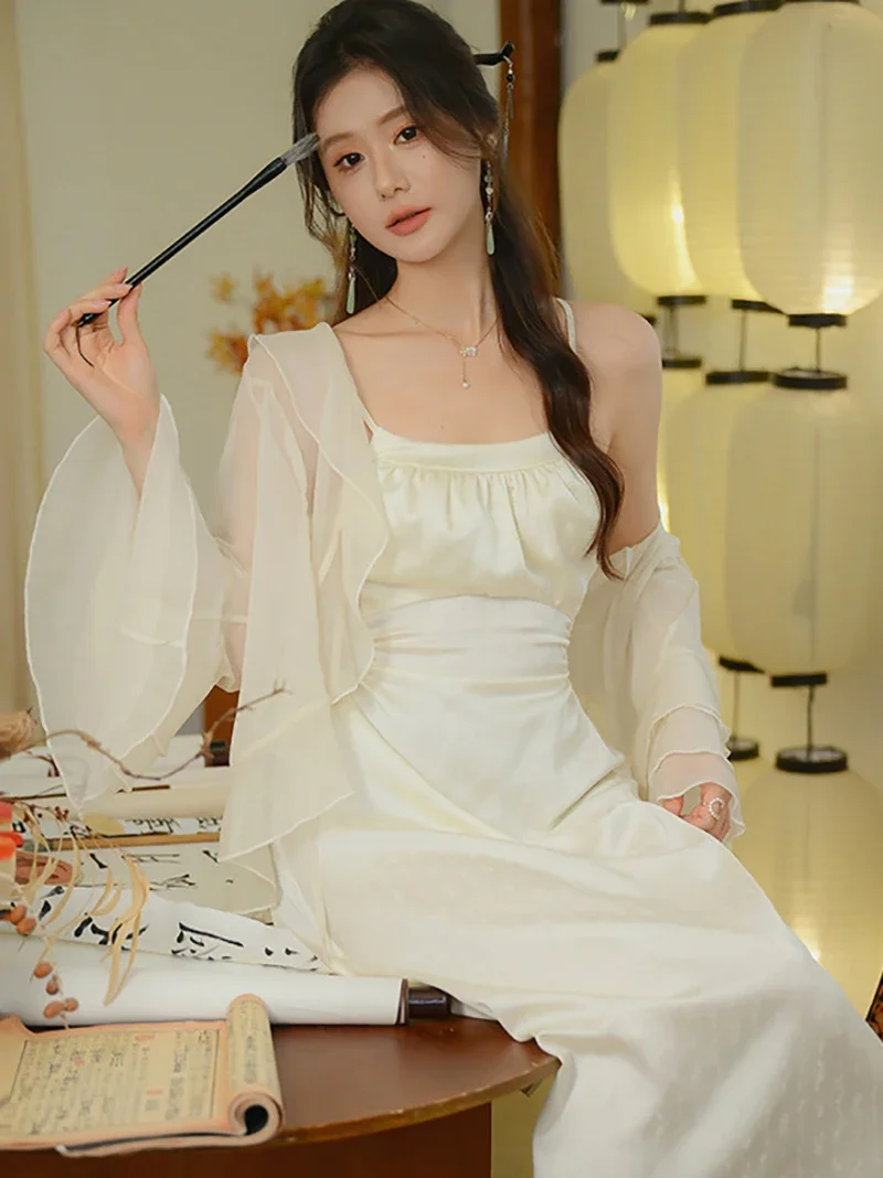 Women French Mesh Cardigan Nightdress Pajamas Spring Summer Silk Sexy Dress Two-piece Set Morning Gown Fairy Victorian Sleepwear