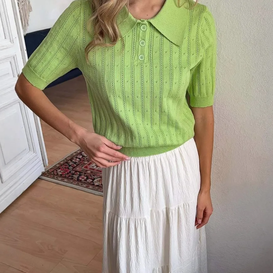 Women's Hollow Out Knitted Short Sleeve Crop Tops Y2K Fashion Solid Turn-Down Collar T-shirts Female High Street Tees for Summer