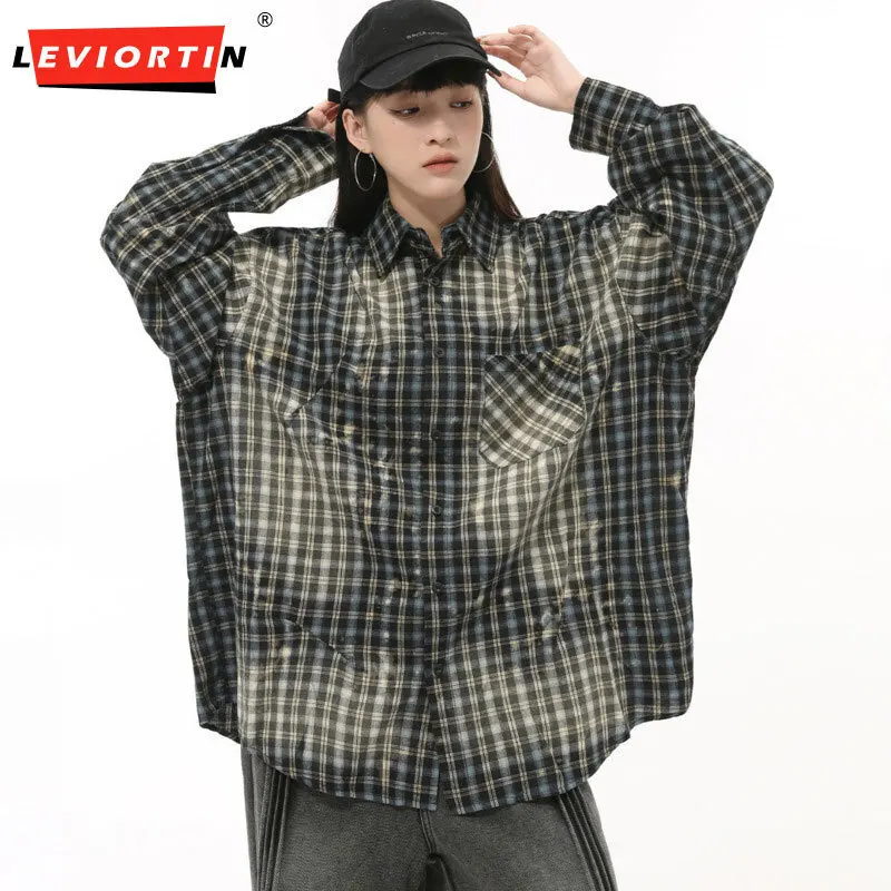 LEVIORTIN American Style Men's Shirt Plaid Worn-out Turn-down Collar Long Sleeve Single Breasted Loose Male Contrast Color Top