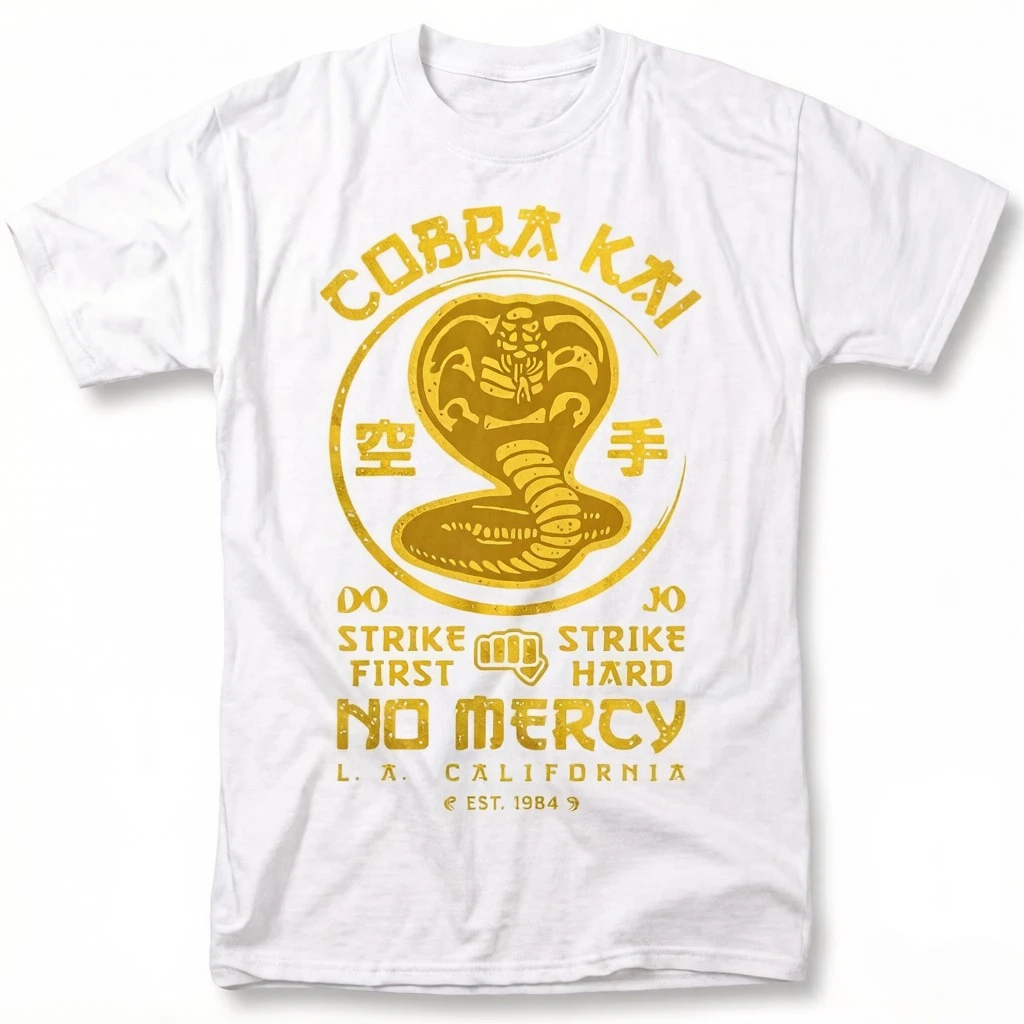 Cobra Kai TV Show T-Shirt Strike First Strike Hard No Mercy Vintage Graphic Tee Black Yellow Print Summer Shirt for Men Women