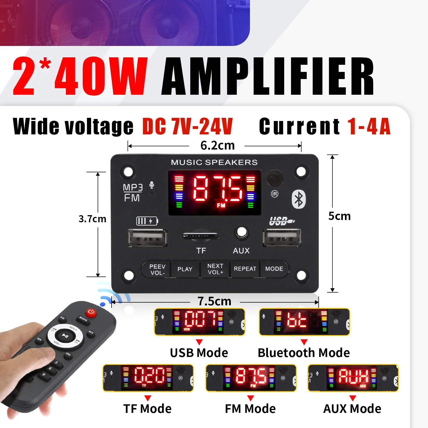 80W Amplifier MP3 WMA WAV Decoder Board USB Charging Bluetooth 5.0 Wireless Music Player 5V-20V Car FM Radio AUX Call Recording