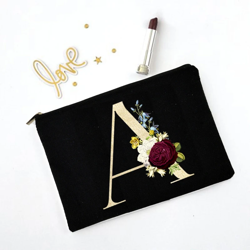 26 Initials Cosmetic Case Girls Beauty Bag Flower Cosmetic Bag Golden A-Z Letter Makeup Bag Black Women Travel Bridesmaid Ladies