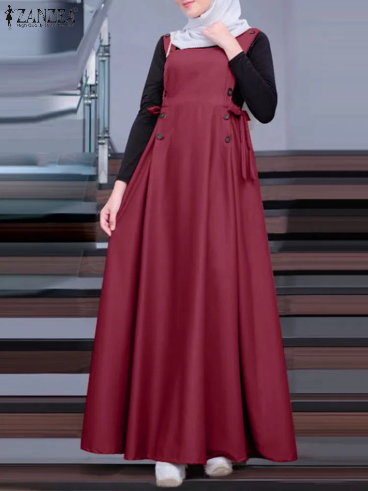 

Eid Mubarek Ramadan Abaya Sundress ZANZEA Vintage Muslim Overalls Dress Women Autumn Spaghetti Strap Solid Long Vestido Kaftan