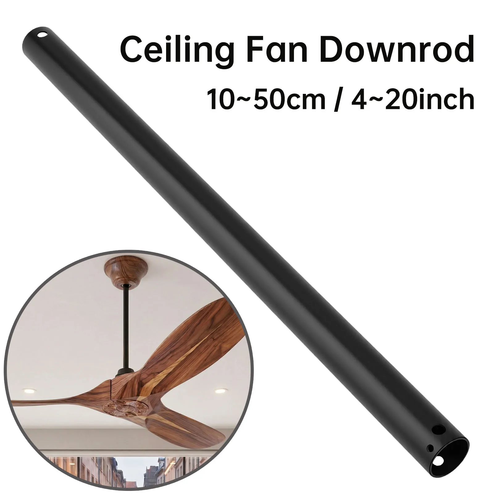10cm - 50cm Ceiling Fan Downrod 1-Inch Diameter Matte Black Ceiling Fan Extension Rod Universal Down Rods for Ceiling Fans