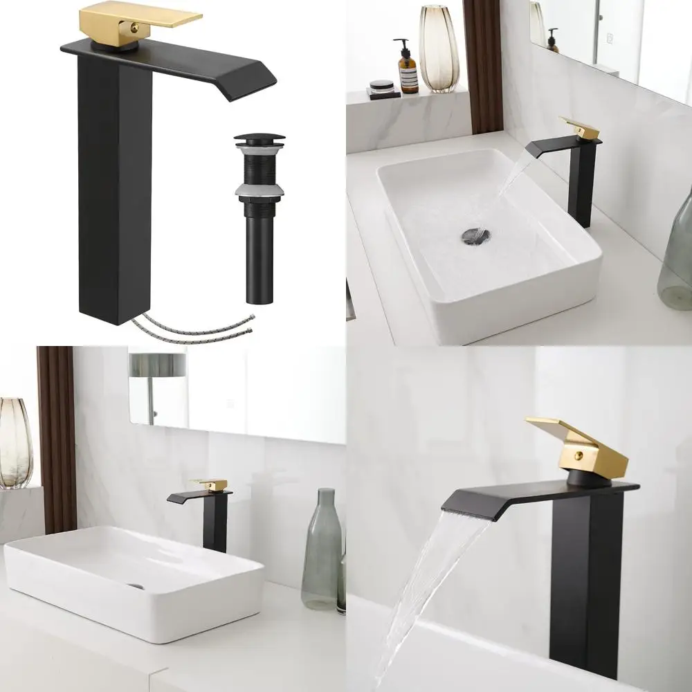 

Modern Single Handle Matte Black and Gold Vessel Sink Faucet with Tall Spout, Pop-Up Drain Assembly, and Long Tail Design for Co