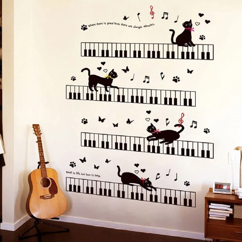 

The Cat On The Piano Music Wall Stickers For Kids Rooms Bedroom Art Background Skirting PVC Skirting Butterfly Wall Decor