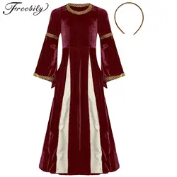 Kids Girls Medieval Renaissance Dress Irish Princess Velvet Vintage Robe Gown Halloween Cosplay Theme Party Dress Up Costume