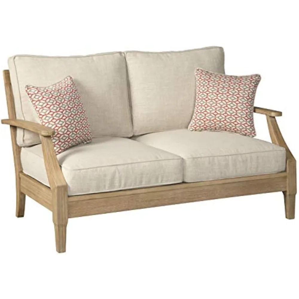 Signature Design by Ashley Clare View Coastal Outdoor Patio Eucalyptus Loveseat with Cushions, Beige