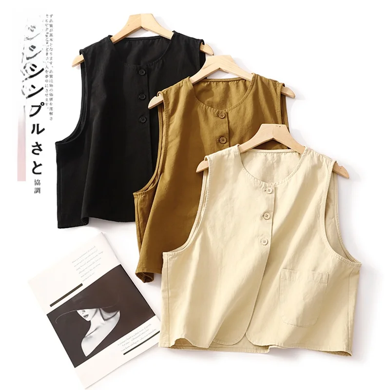 

ort Women's Vest Loose Fit round Ne Cotton Retro Artistic Workwear oulder Pad Design Simple Ele Sle Commute