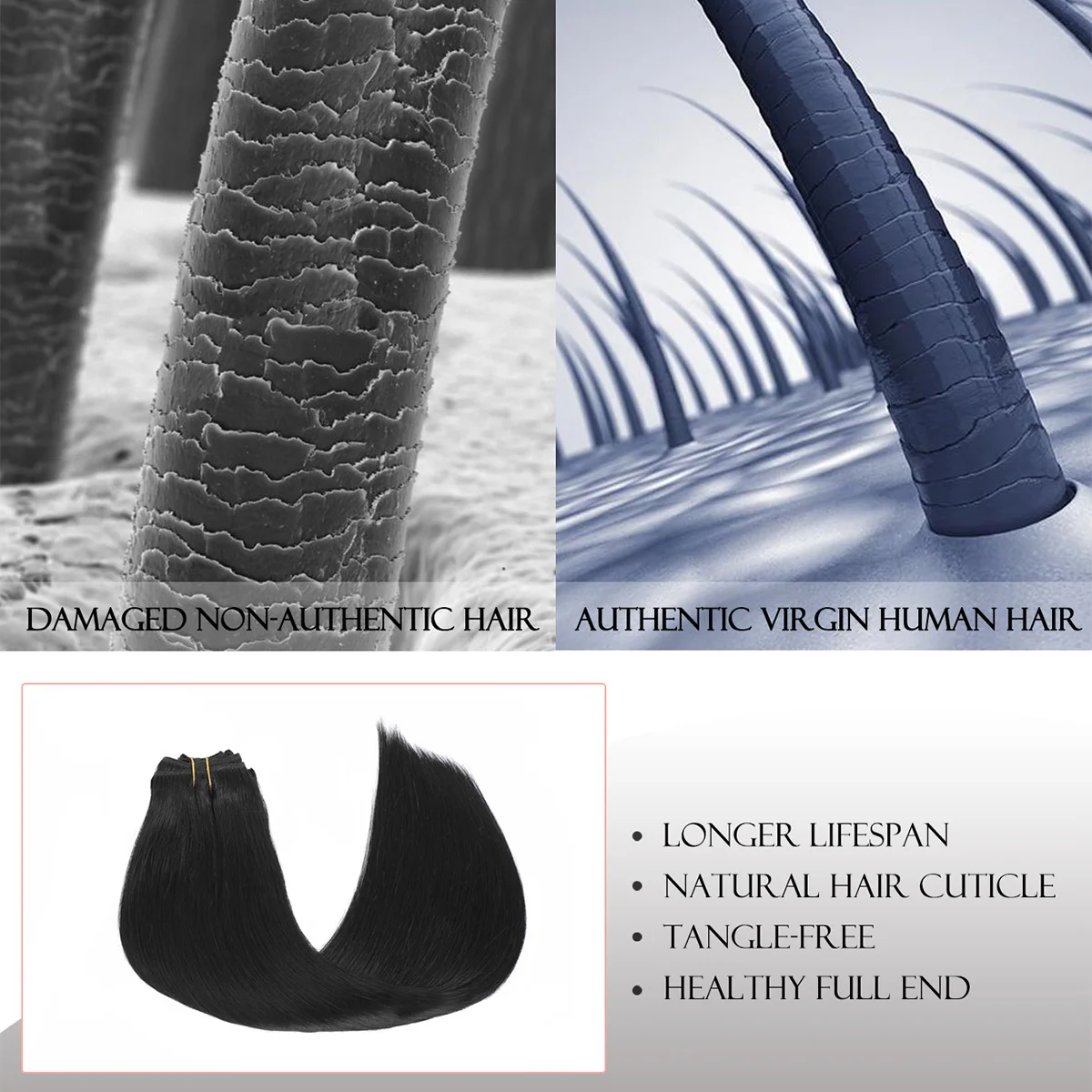 Ekstensi Rambut Asli Jet Black Straight Clips 7Pcs Clip Ins Rambut Remy Asli untuk Wanita Menambah Panjang & Volume Rambut