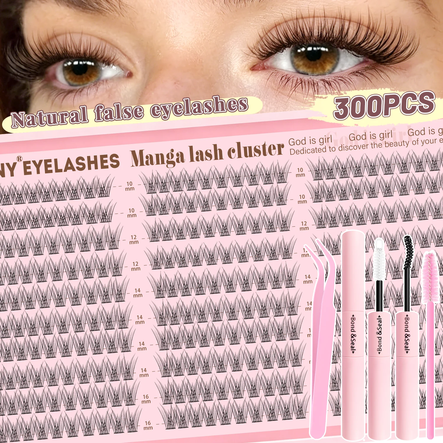 EIMNY Wimpernverlängerungen, Wispy Natural DIY C Curl Einzelwimpern-Cluster, Schwarz, 10–16 mm, 300 Stück, mit Klebe- und Versiegelungspinzette