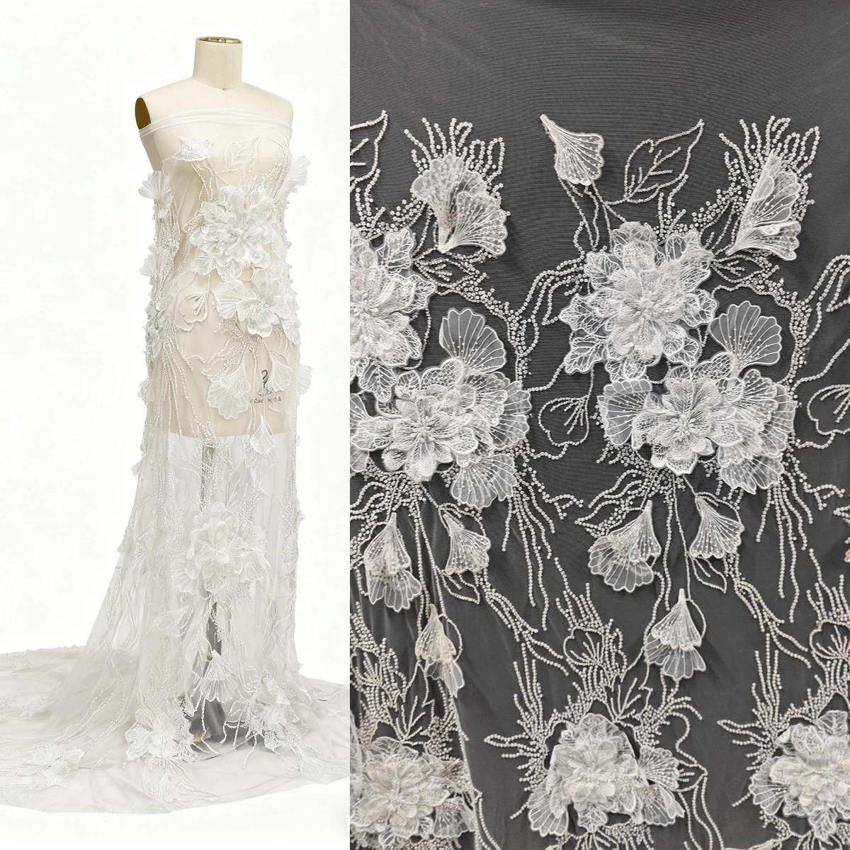 

White Embroidered Lace Fabric with Beads & Sequins - Tulle for Wedding Dress & DIY Crafts