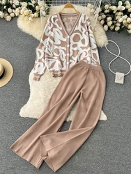 Knitted Two Piece Set Women Autumn Winter Printed Long Sleeve Cardigan Jacket High Waisted Straight Leg Long Pants Tracksuits