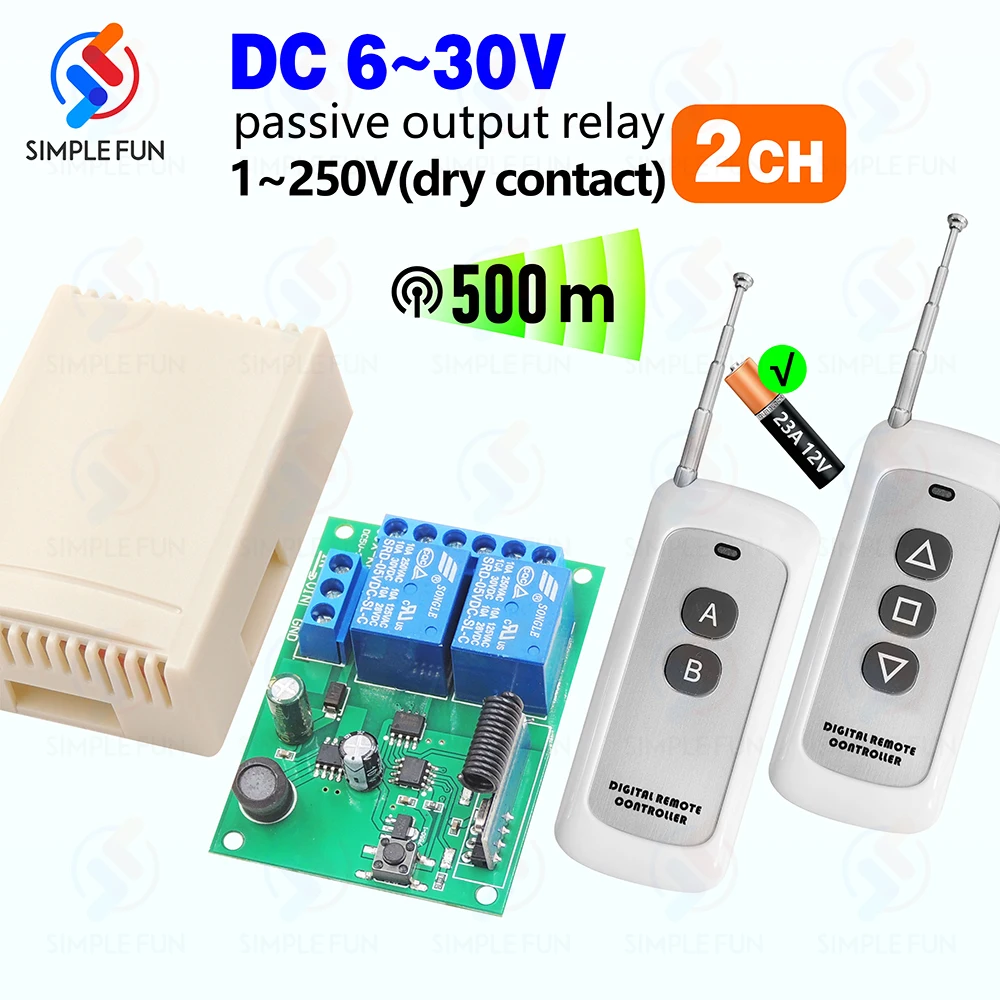 

433MHz Light/Garage Door Wireless Remote Control Switch,500 metres Transmitter,DC 6V 12V 24V 2CH RF Receiver,for Lamp/Motor/DIY