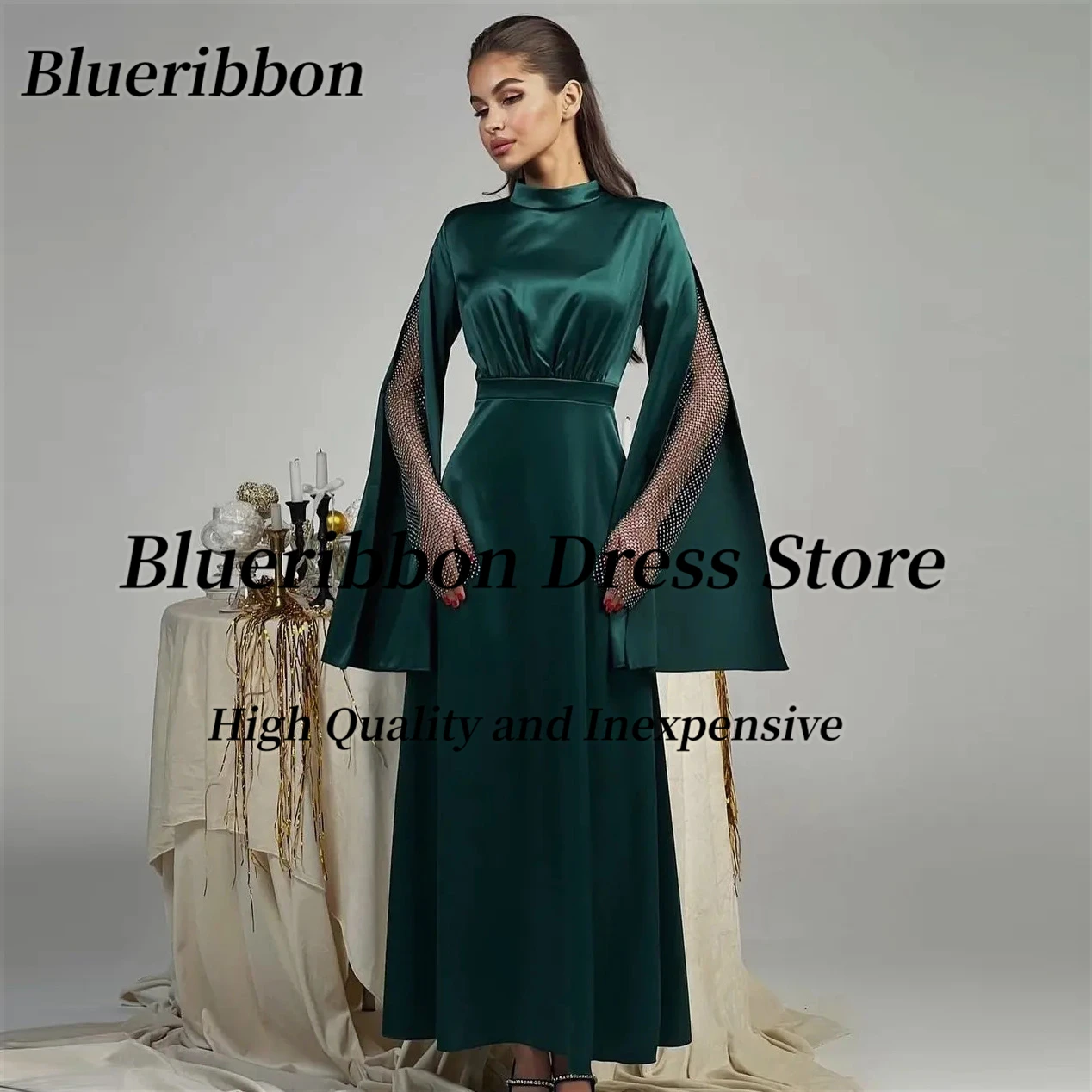 

Blueribbon High Collar Evening Dresses Saudi Arabia Party Special Long Sleeves Prom Dress Zipper Back Wedding Guests Wear Gowns