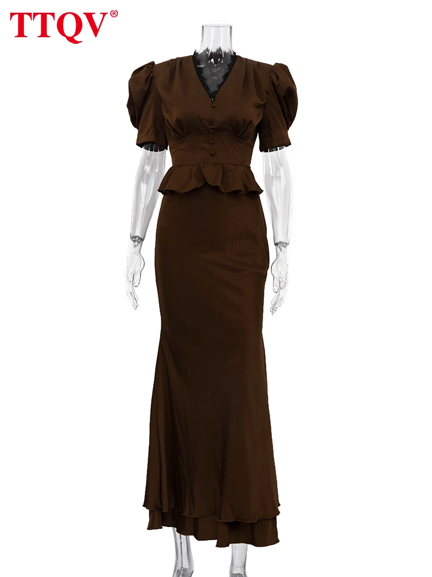 TTQV Summer Slim Brown Satin Women's Two Pieces Set 2026 Sexy Short Sleeve Shirt With High Waist Maxi Skirt Set Female Clothing image 5