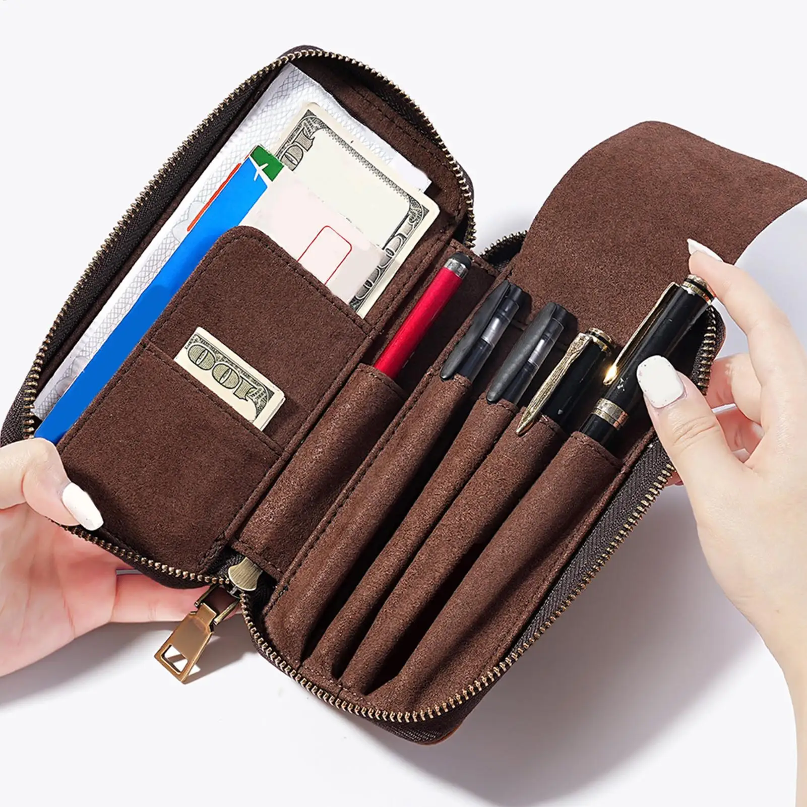 leather-fountain-pen-case-5-slot-large-capacity-zipper-stationary-bag-multi-compartment-pencil-organizer-for-eraser-color-pen