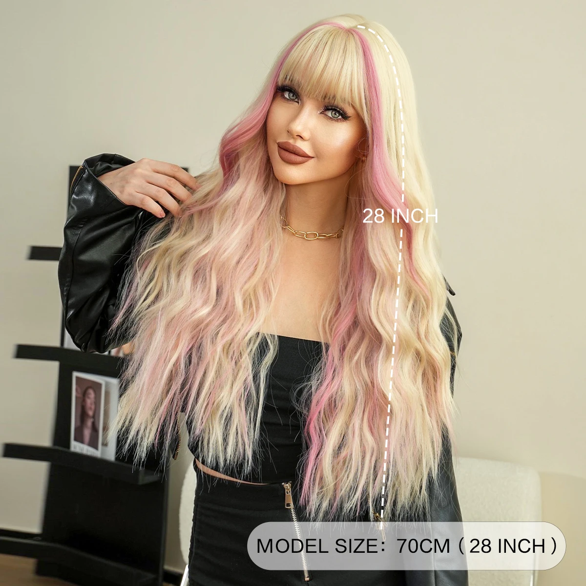 NAMM Long Wavy Blonde Wig for Women Daily Party Highlight dyeing Pink Synthetic Hair Wigs With bangs wig Halloween Cosplay