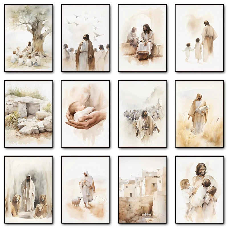 2026 Bible Scenes Poster Jesus on The Path Teaching Child Walking on Water Canvas Paintings Wall Art HD Picture Home  Frameless