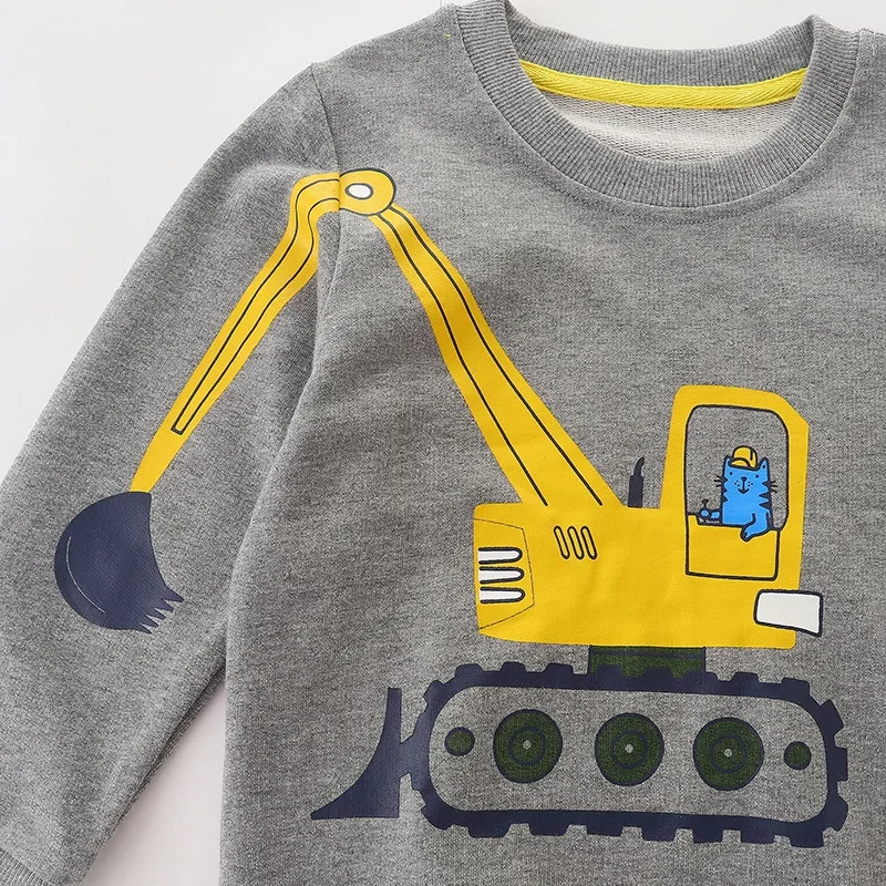 Boys 100% Cotton Hoodies Sweatshirts Pullover Tops Cartoon Excavator Print Long Sleeve Crew Neck Kids Sweatshirt