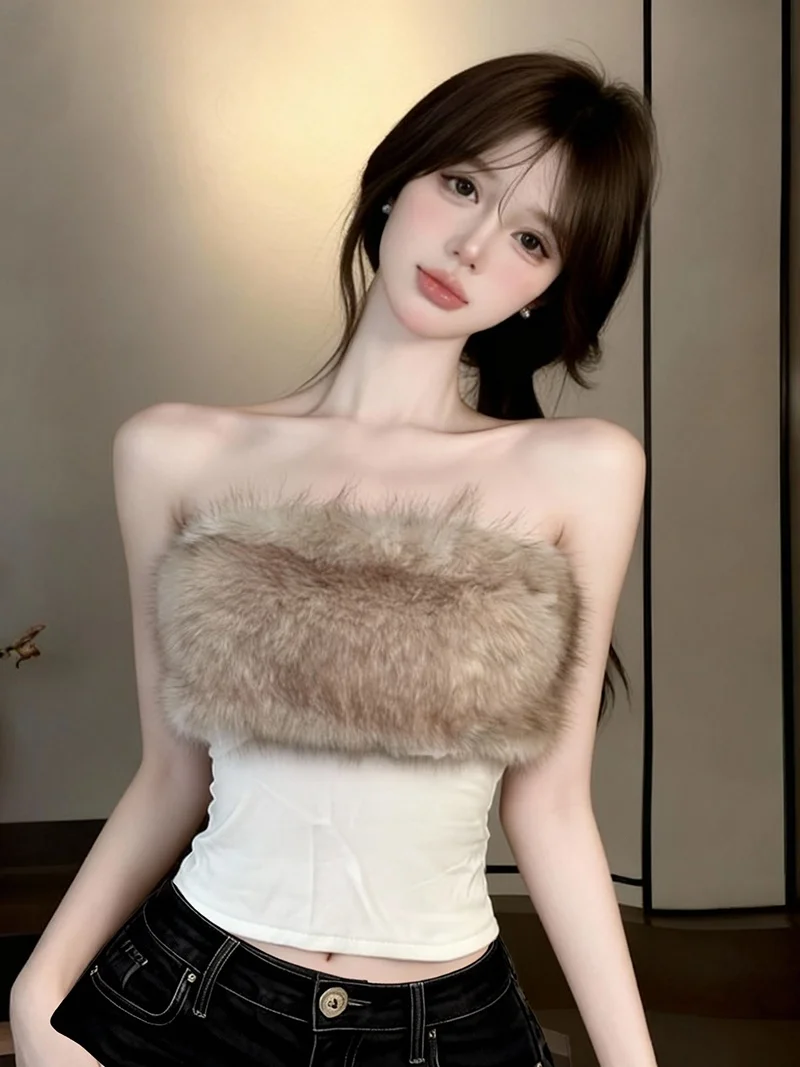 

2025 Autumn Winter New Sle Women's Slim Fit Vest Underwear with Fur Collar One oulder Design Hot Girl Inner Wear Top
