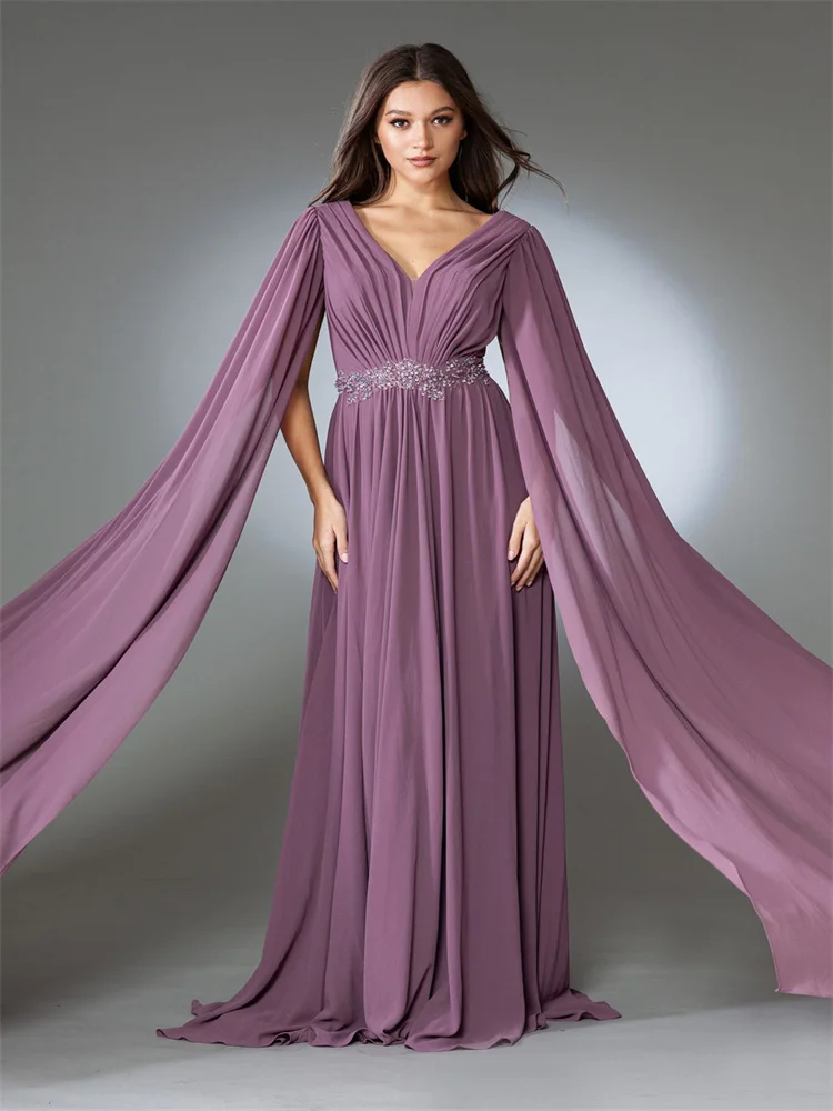 

New Product Sweetheart Neck Bodice With Long Cap Sleeves Chiffon A-Line Mother Of The Bride Dress Back Zipper Floor Length Gowns