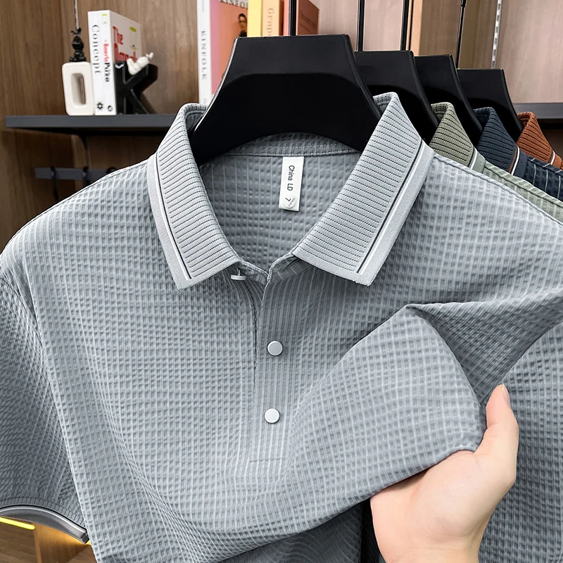 Summer new short sleeved lapel polo shirt men's seamless striped elastic T-shirt