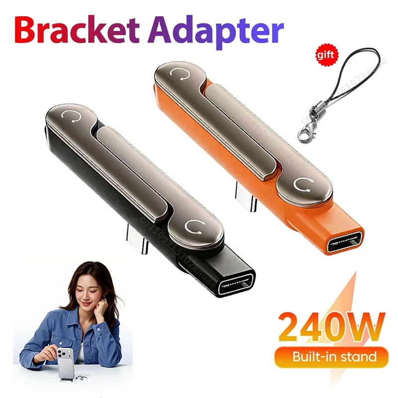 Adaptador de Carregamento Tipo C para Telefone 240W com Carregamento Rápido OTG, Conversor Tipo-C Macho para USB-C Fêmea com Suporte Dobrável