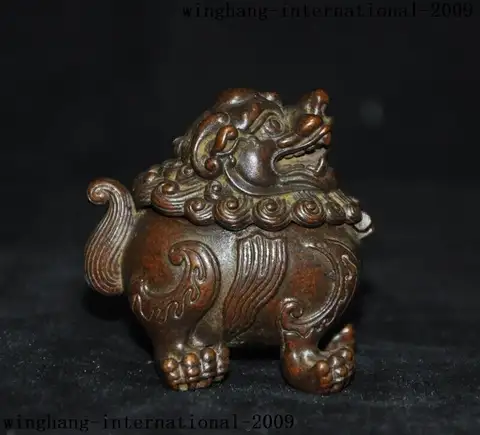 Collect Old Chinese Pure Bronze Lion Foo Dog Beast Statue Incense Burner Censer