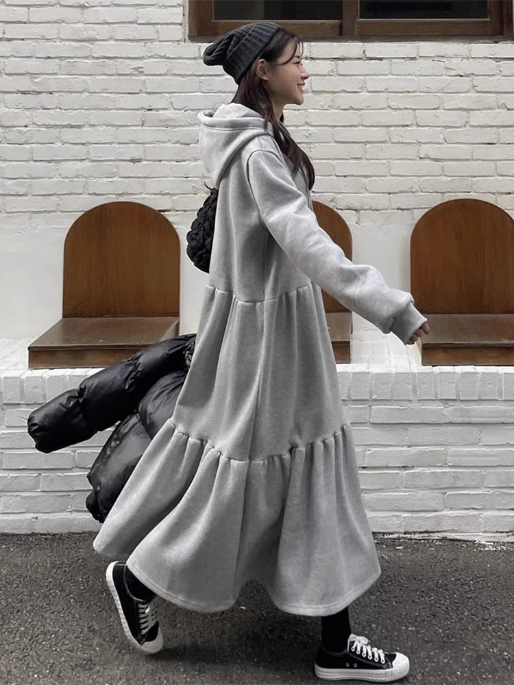 

Chic Autumn Winter Lazy Sle Loose Casual Patchwork Lace Hem Hoodie Dr Long Skirt Women's Clothing Commute Sle Other Ma...