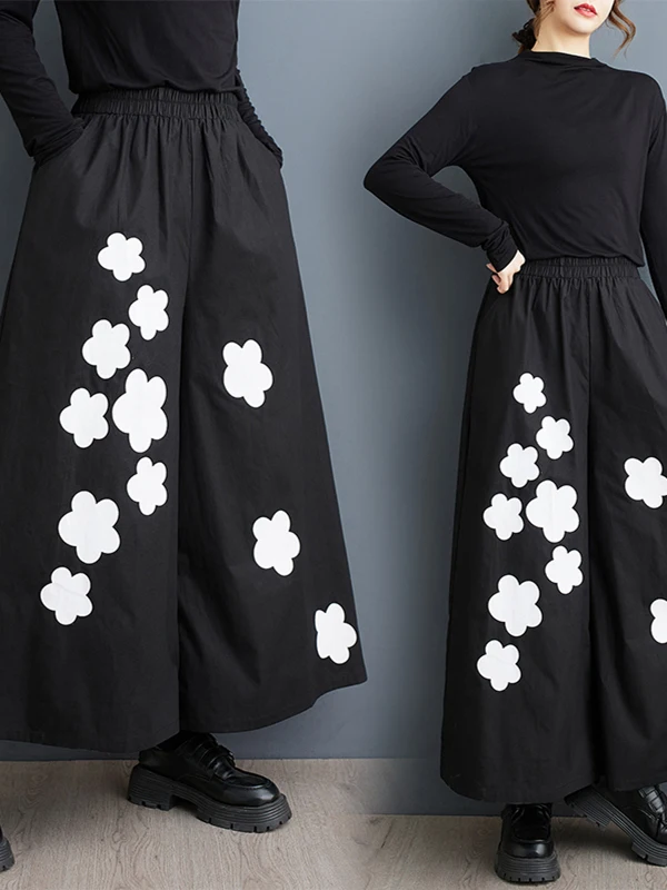 Bla High Waist Wide Leg Pants Women's Loose Fit Printed Casual Trousers Street Sle Nine Points Drapey Skirt Slimming