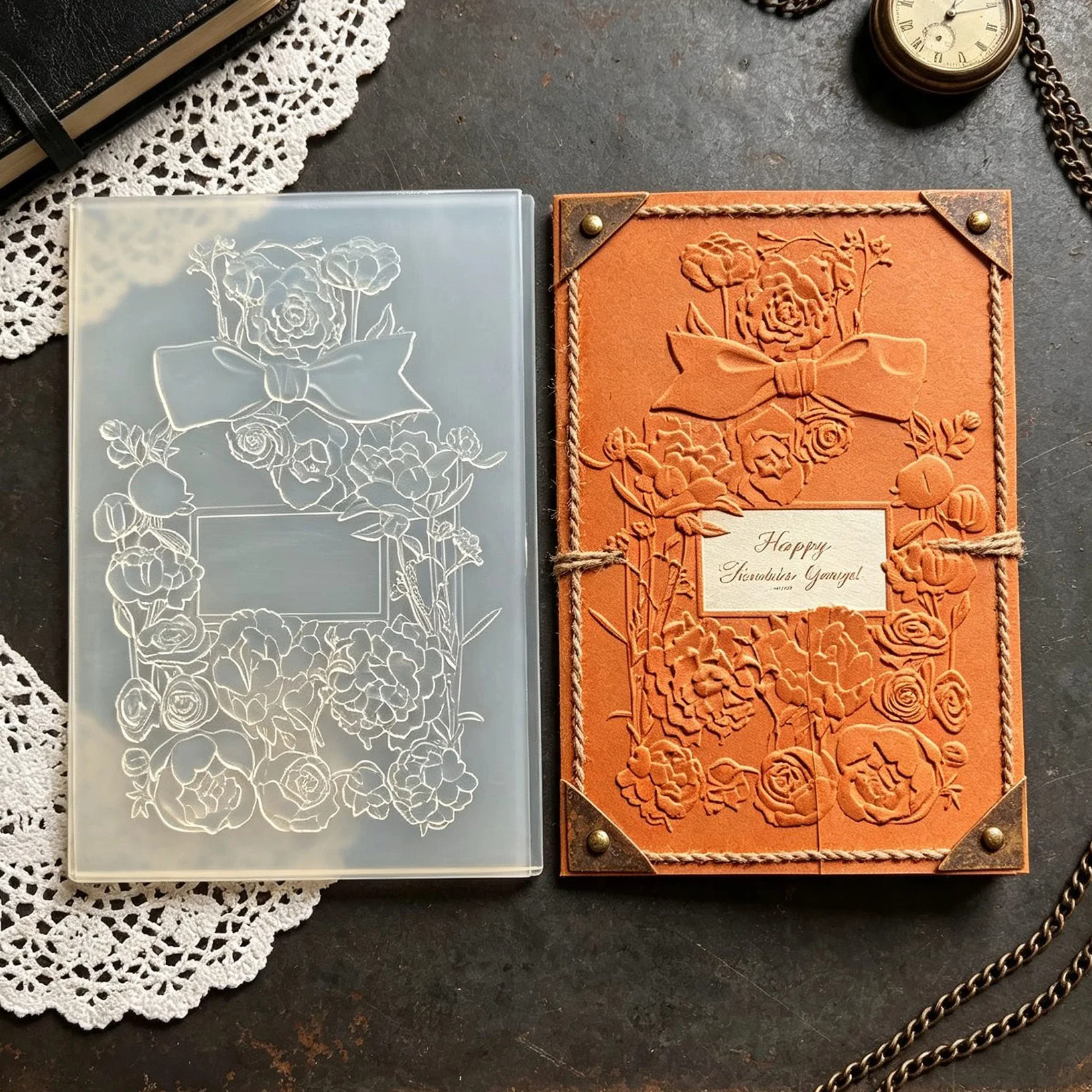 Bow shaped flower clusters surround the note box, covered with embossed boards, gift themed photo albums, collages, gentle and r