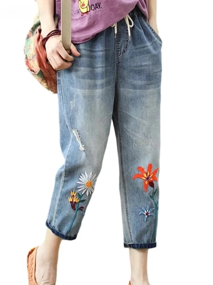

Летние модные женские эластичные элегантные джинсы, женские повседневные джинсовые брюки с цветочной вышивкой, женские свободные шаровары