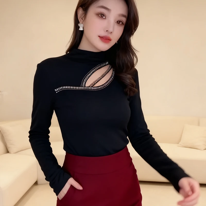 

Черный, корейский, стиль, футболка, шикарный, сексуальный, полый, блестящий, бриллианты, бисер, женский, топы, рубашка с длинным рукавом, футболки, 2026,5111704