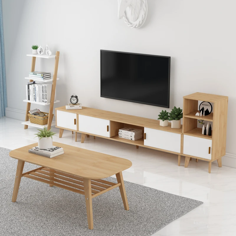 Nordic minimalist TV cabinet living room modern small-sized bamboo solid wood furniture TV cabinet log color coffee table floor