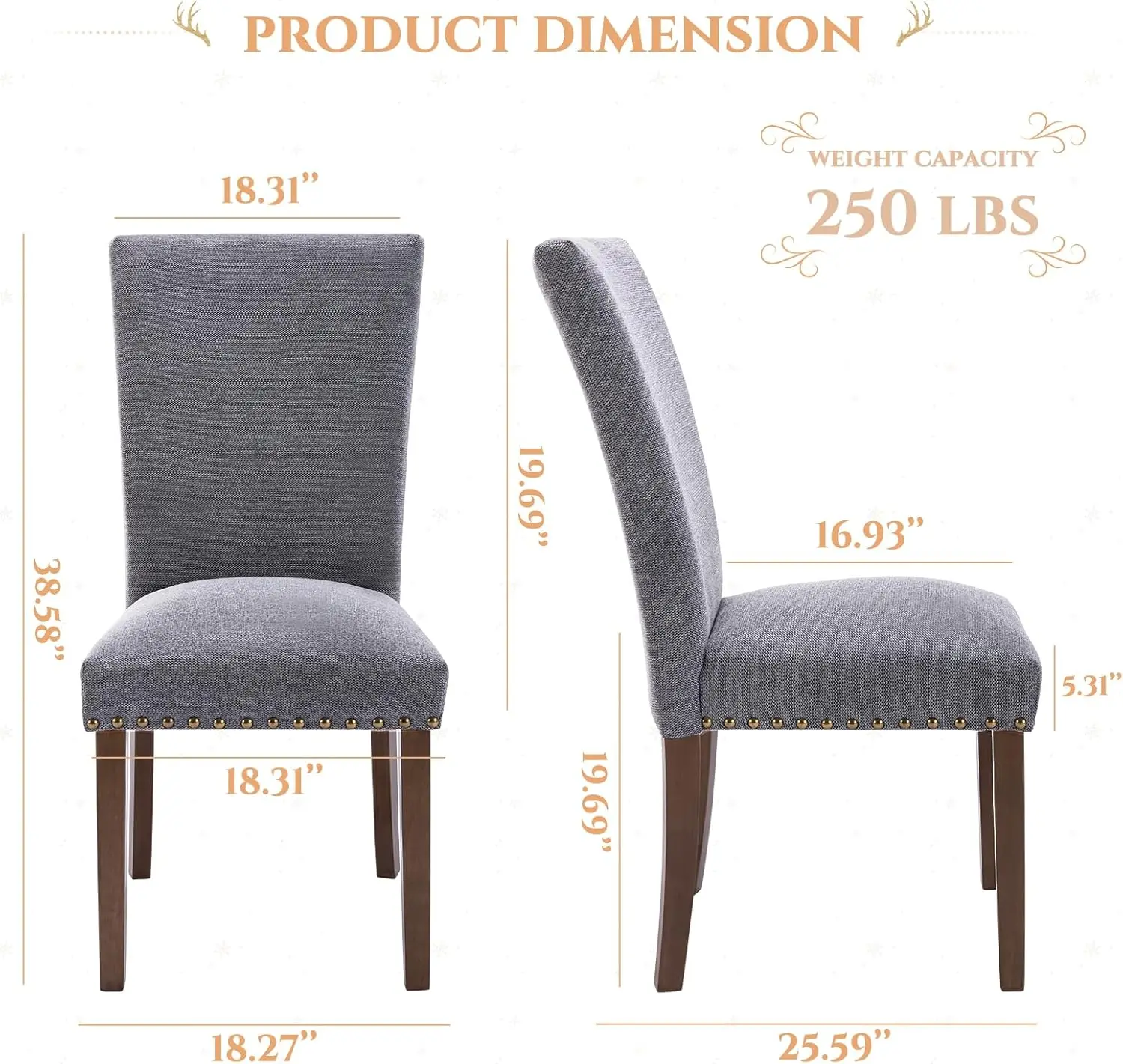 Parsons Dining Chairs Set of 6 Upholstered Nailhead Dining Room Kitchen Side Chair with Thick Cushions and Wood Legs Dark Grey