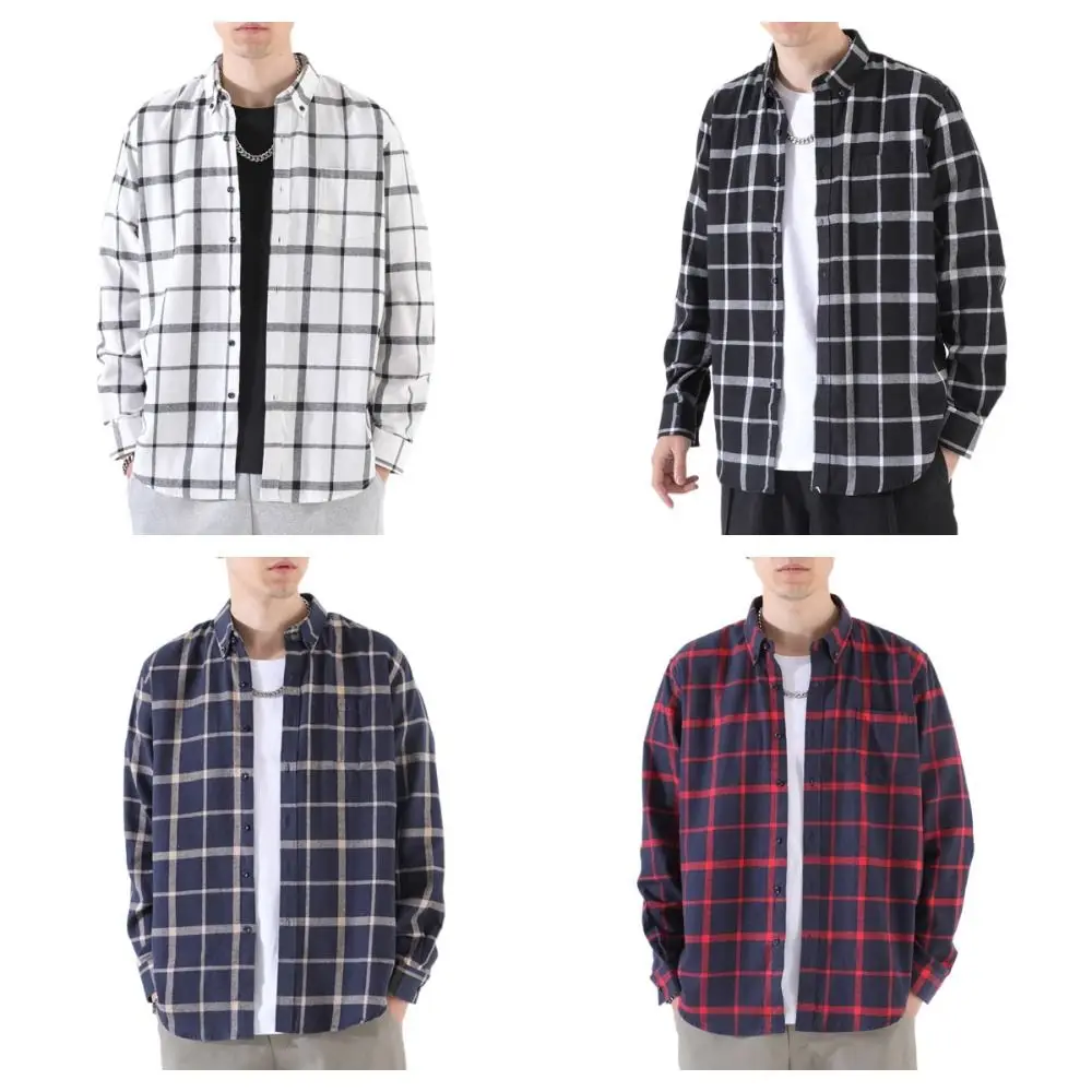 간단한 코튼 남성 블라우스 버튼 업 대형 그리드 블라우스 여성 모든 일치 느슨한 긴 소매 오버 셔츠 남여 학생