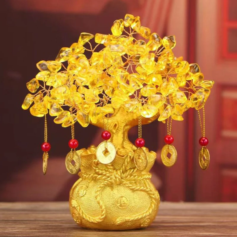 Lucky Tree Wealth Yellow Crystal Tree Natural Money Tree Ornaments Bonsai Style Wealth Luck Feng Shui Ornaments Craft