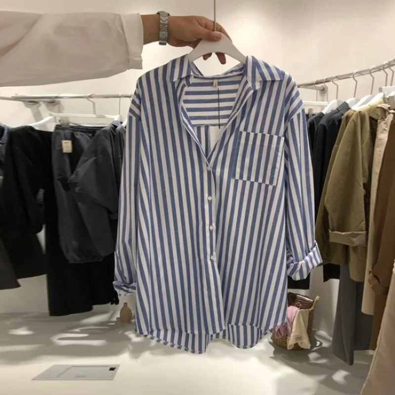 

South Korea Dongdaemun Striped Shirt Women's Design Sense Niche 2023 Autumn New Western Style Shirt Student Shirt Fashion