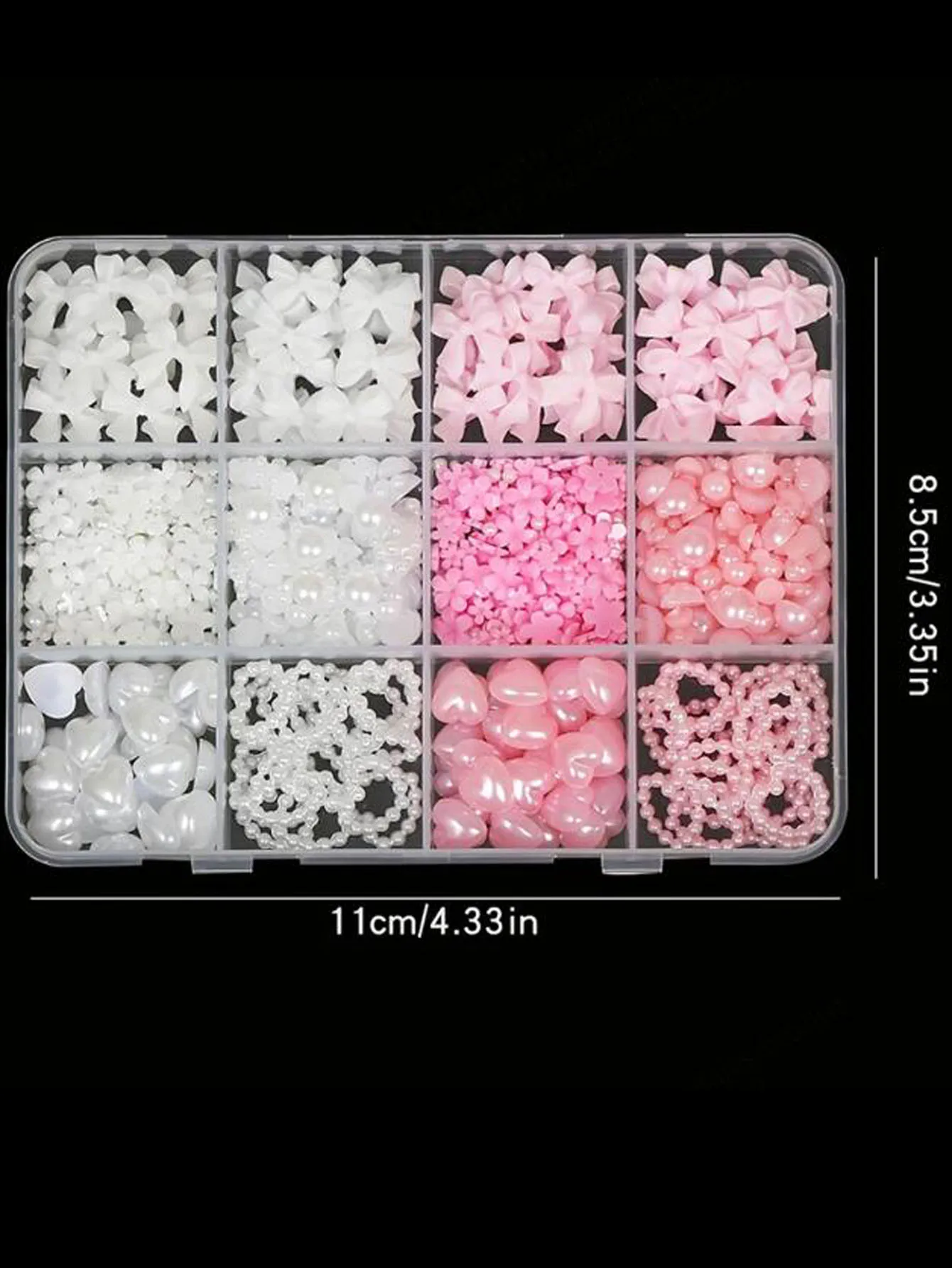 12 rejillas/caja 3D de resina con lazo, corazón de amor, dijes para uñas, pajarita blanca rosa mezclada, flores de perlas, decoraciones artísticas para uñas, suministros para uñas DIY