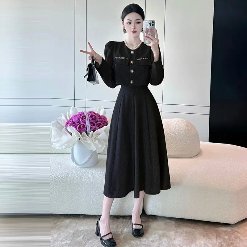 Winter Women\'s Temperament Small Fragrant Style Round Neck Short Suit Jacket High Waisted Long Skirt Comfortable Two-piece Set