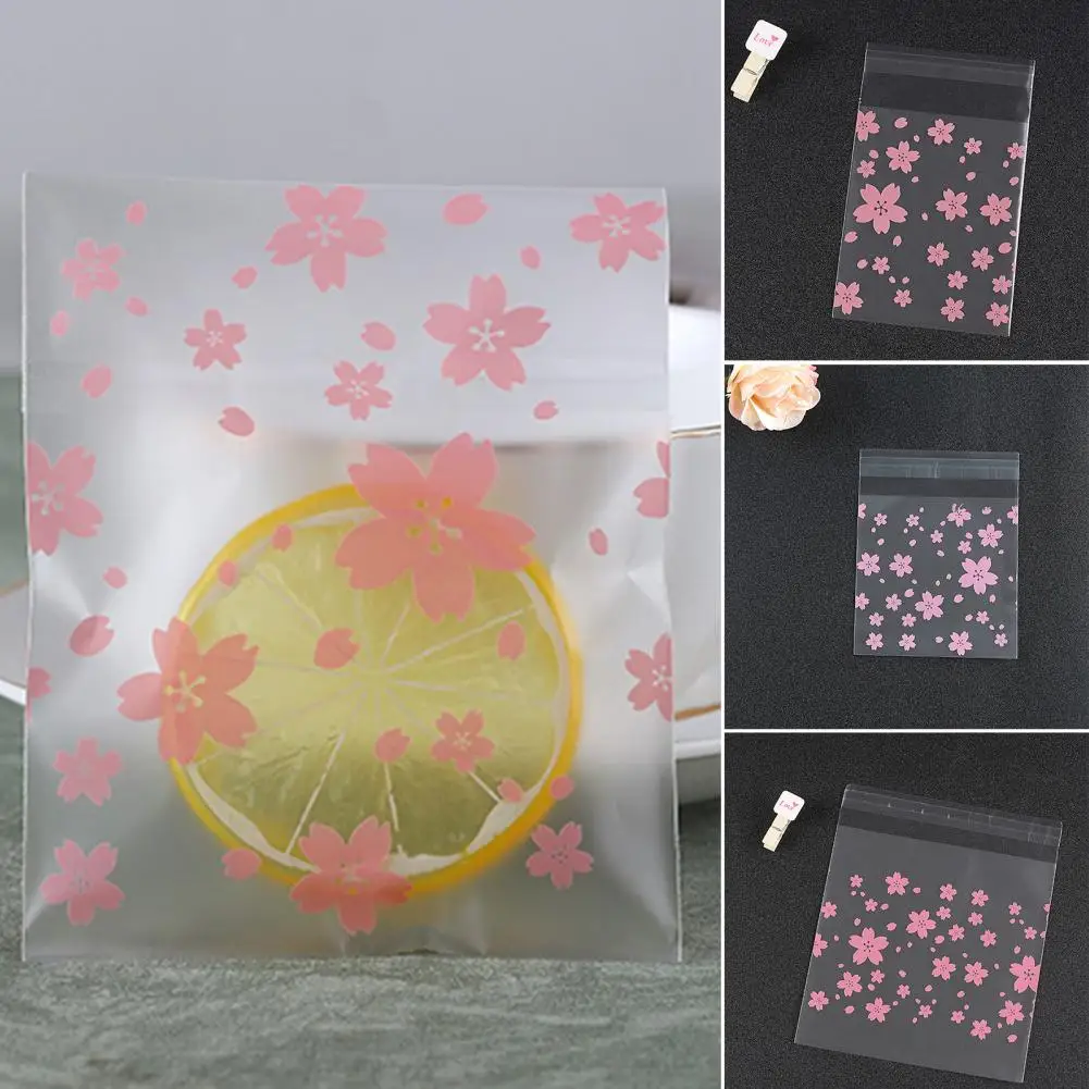 100Pcs/Set Self Sealing Bag，Pink Cherry Blossoms Storage Bag，Transparent Flower Printing，Clear Square，Self-Adhesive Storage Bags