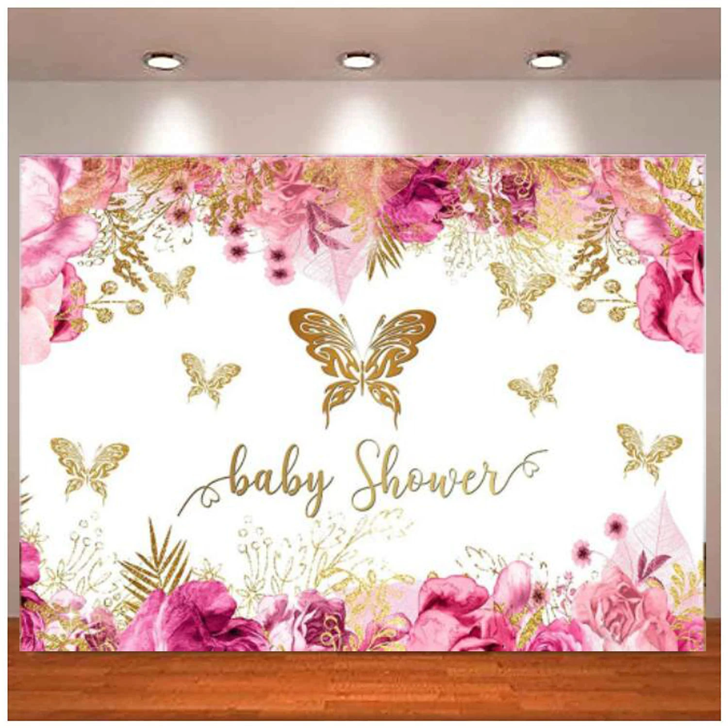 

Spring Fairy Gold Butterflies Baby Shower Party Background Red Rose Floral It's A Girl Photography Backdrop Decor Supplies