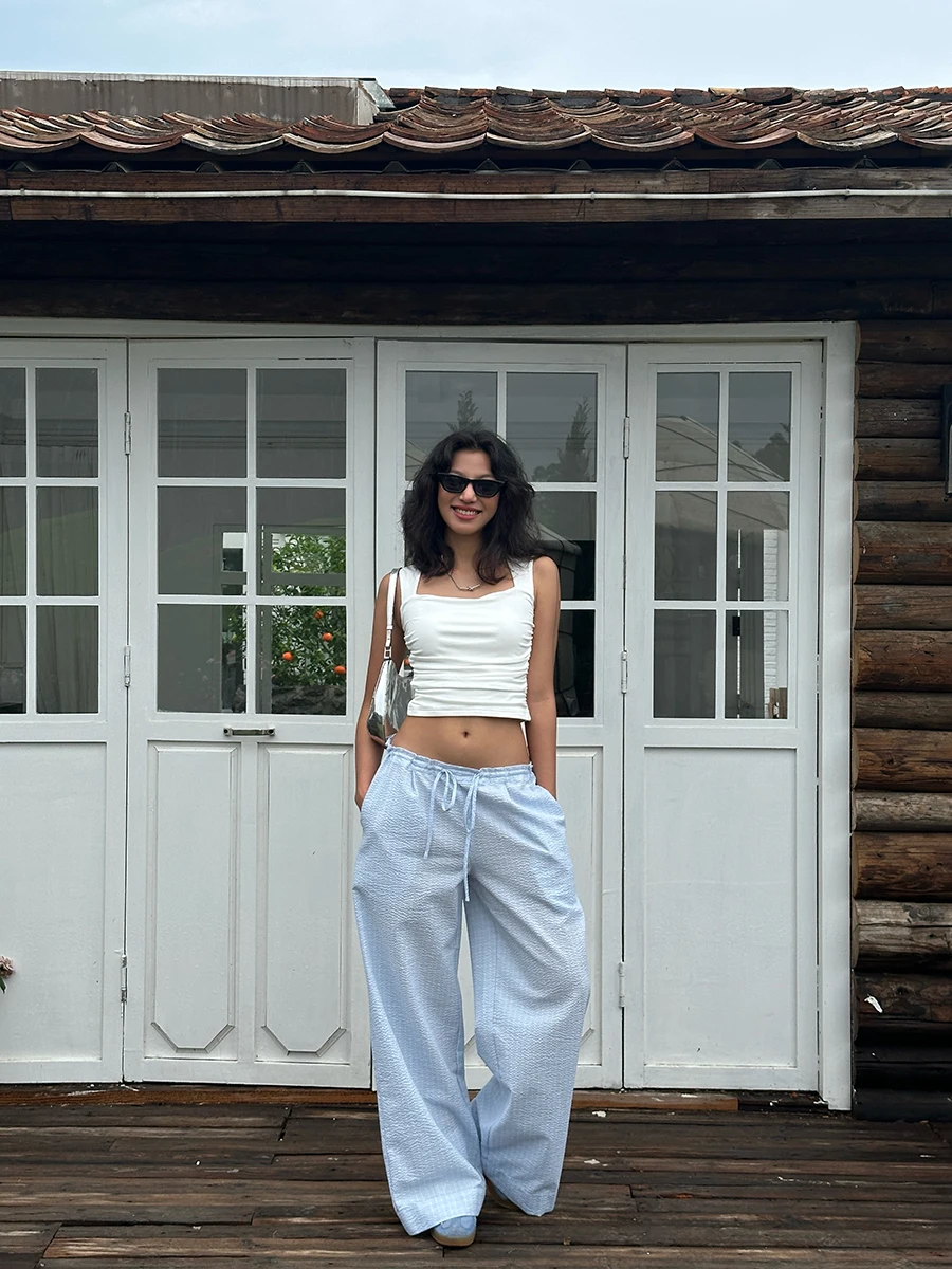 

Американские ретро синие брюки с высокой талией и прямыми штанинами, женские летние свободные широкие брюки, повседневные брюки