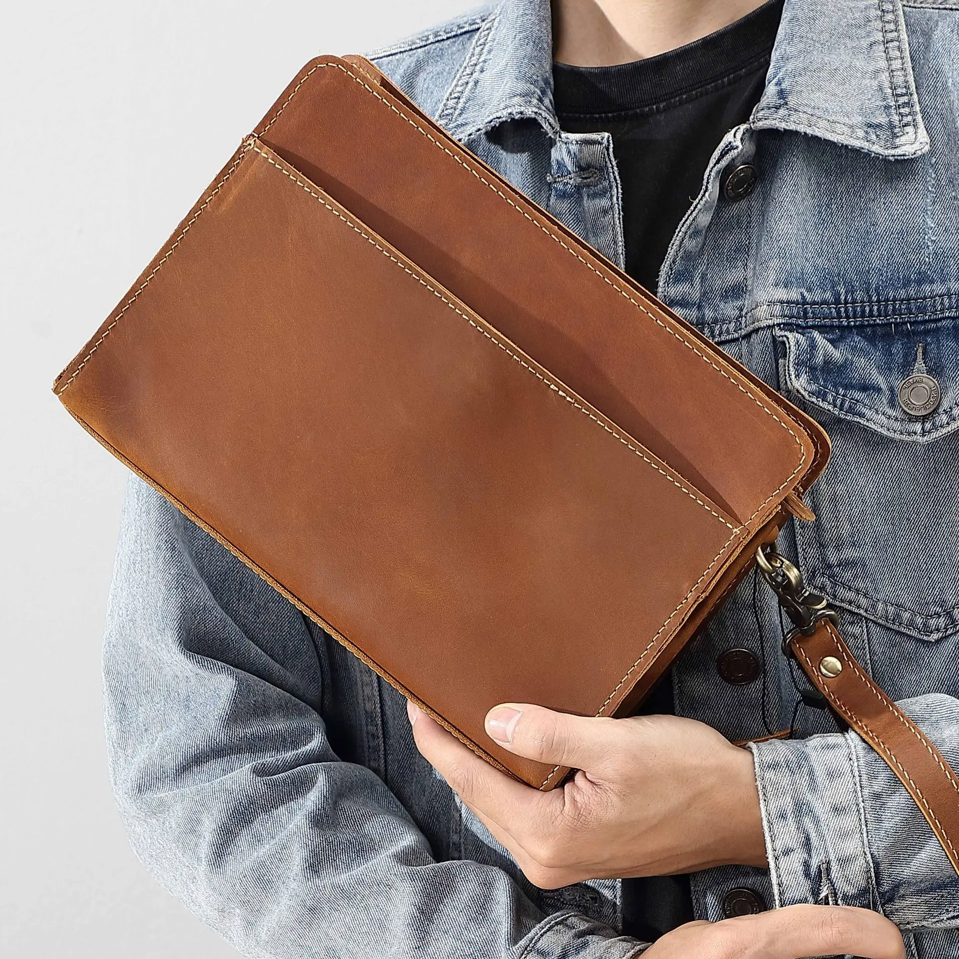 

Real Leather Men's Clutch Bag With Strap Crazy Horse Leather Envelope Bag Retro Men's Multi-functional Business Long Wallets 45