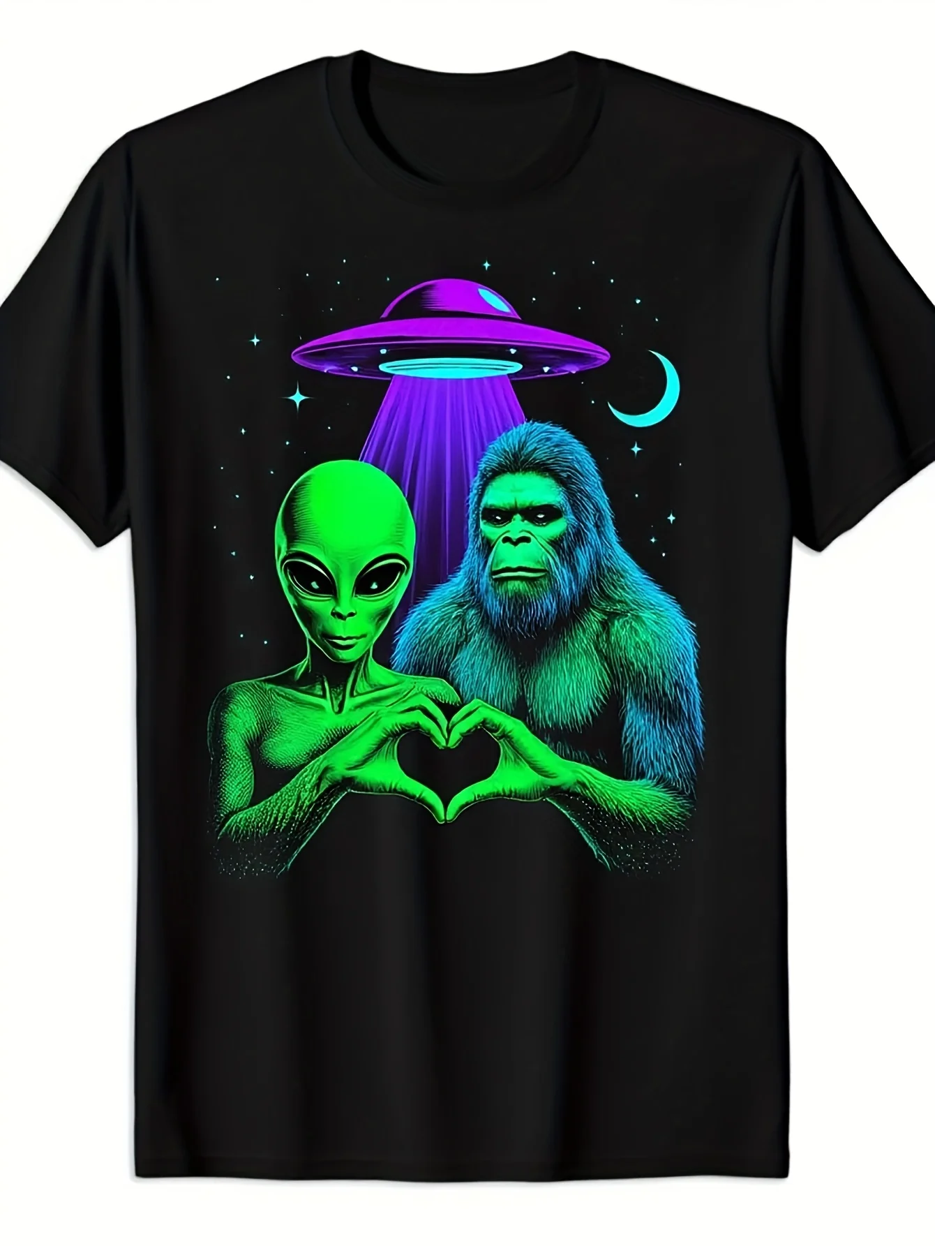 Alien and Gorilla Holding Heart with Neon Green and Blue Sci-Fi UFO Design | Unisex, Soft, Breathable, Lightweight, Crew Neck, Regular Fit, Machine Washable, Comfortable, Black, Sizes S to XXXL, Casual Wear