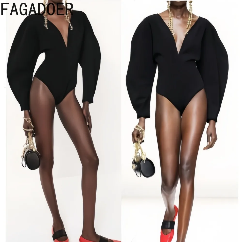 

FAGADOER сексуальные облегающие комбинезоны для женщин, однотонные боди с глубоким v-образным вырезом и рукавами-фонариками, женские клубные комбинезоны, новинка зимы